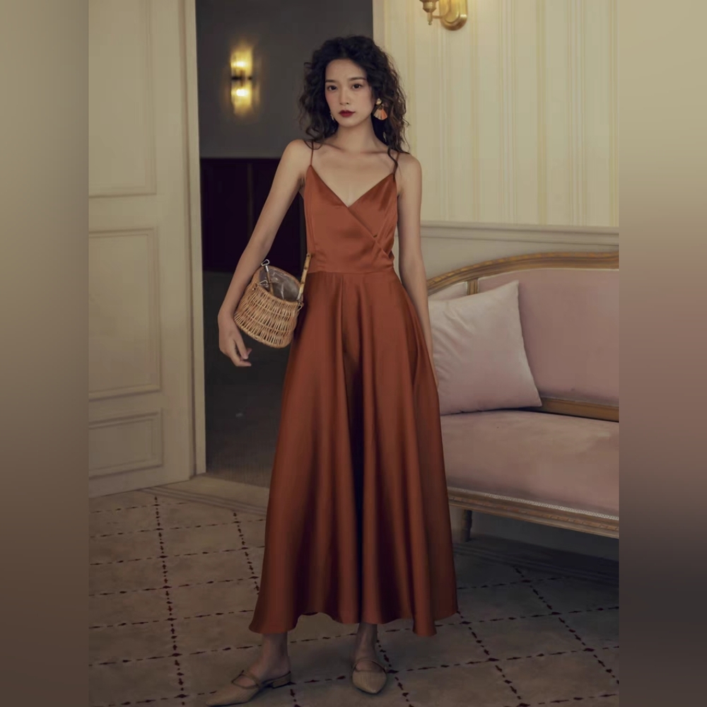 Satin cross-back midi slip dress,size M, golden brown,perfect for date/party